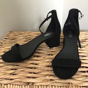 Black faux suede low block heel sandals